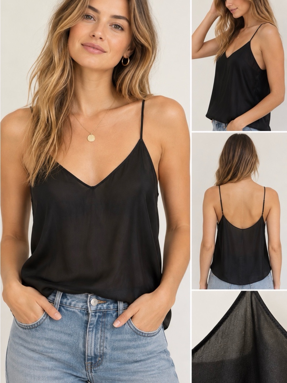 Rag & Bone 100% Silk Black Sheer V-Neck Cami Camisole Tank Top minimalist sleek